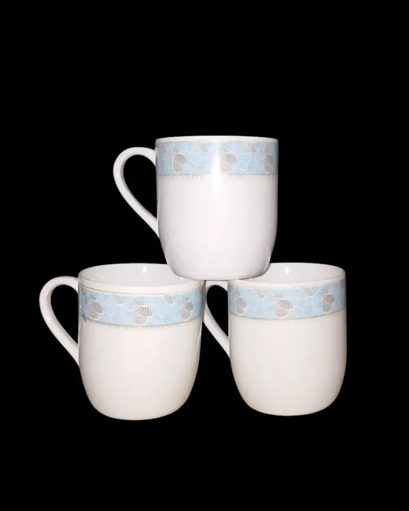 Bone China Tea Cups Broad White with a sky blue and grey shell pattern band 6 Piece 180 ML