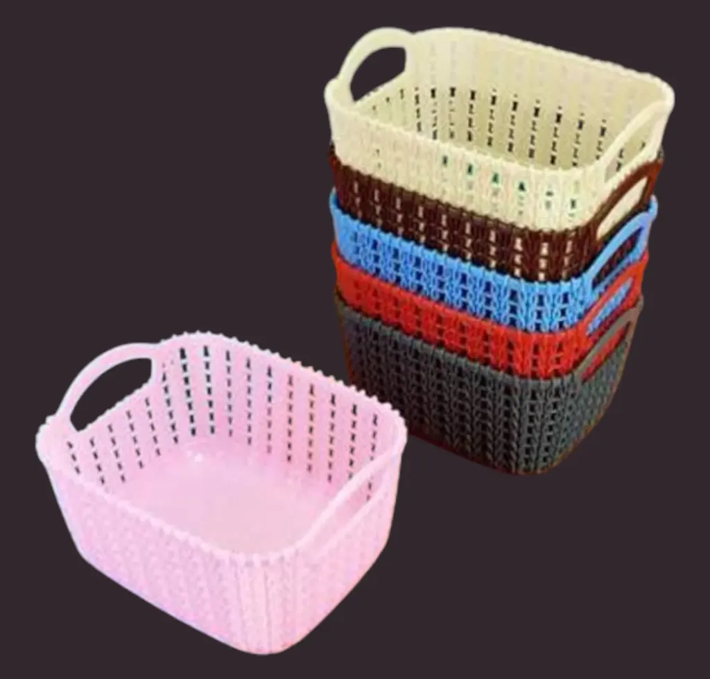 ✅ Multipurpose Rectangular Plastic Knit-Style Storage Basket with Side Handles – 1 Piece (Black)