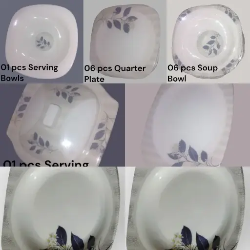 Plastic Melamine Double Grace Dinner Set (White with Blue Botanical Design) 27 Piece Set