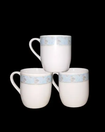Bone China Tea Cups Broad White with a sky blue and grey shell pattern band 6 Piece 180 ML